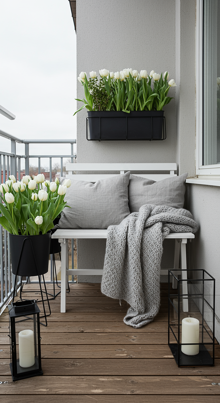 Skandinavischer Balkon mit weißer Bank, grauen Kissen und weißen Tulpen.