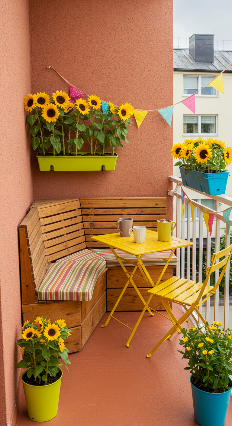 Fröhlicher Eckbalkon mit gelben Klappmöbeln, Sonnenblumen und bunter Wimpelkette.