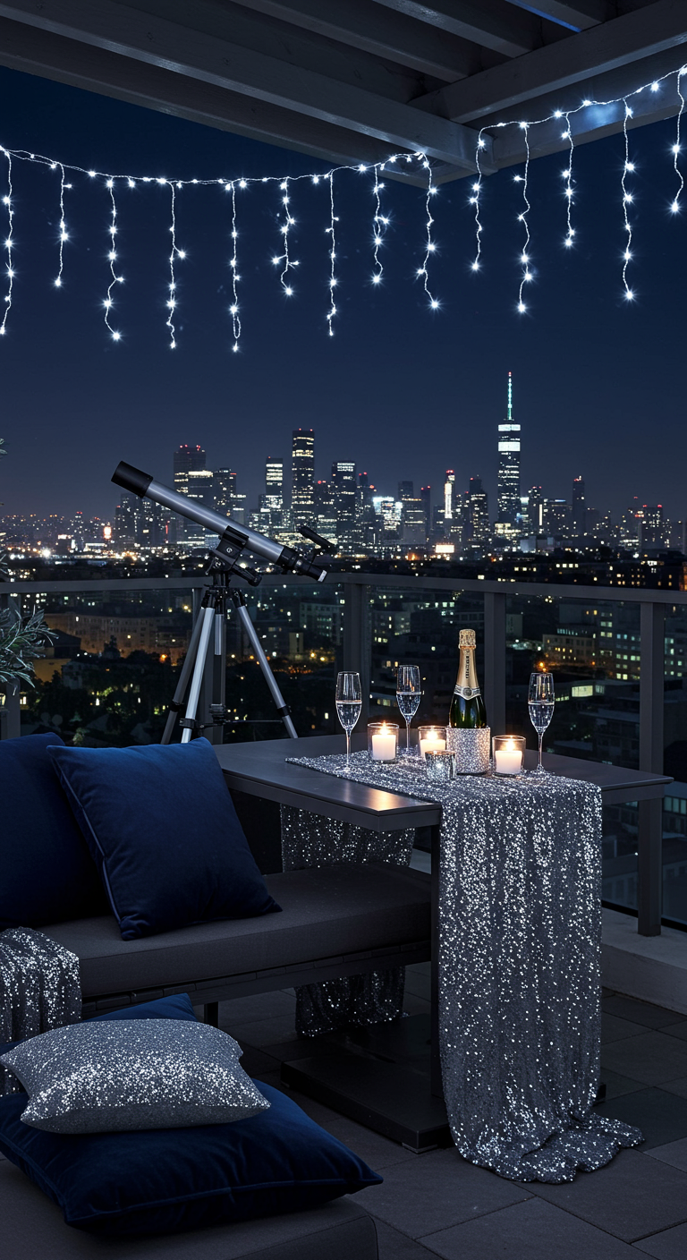 Balkon mit Eiszapfen-Lichterkette, Pailletten-Tischläufer und Teleskop.