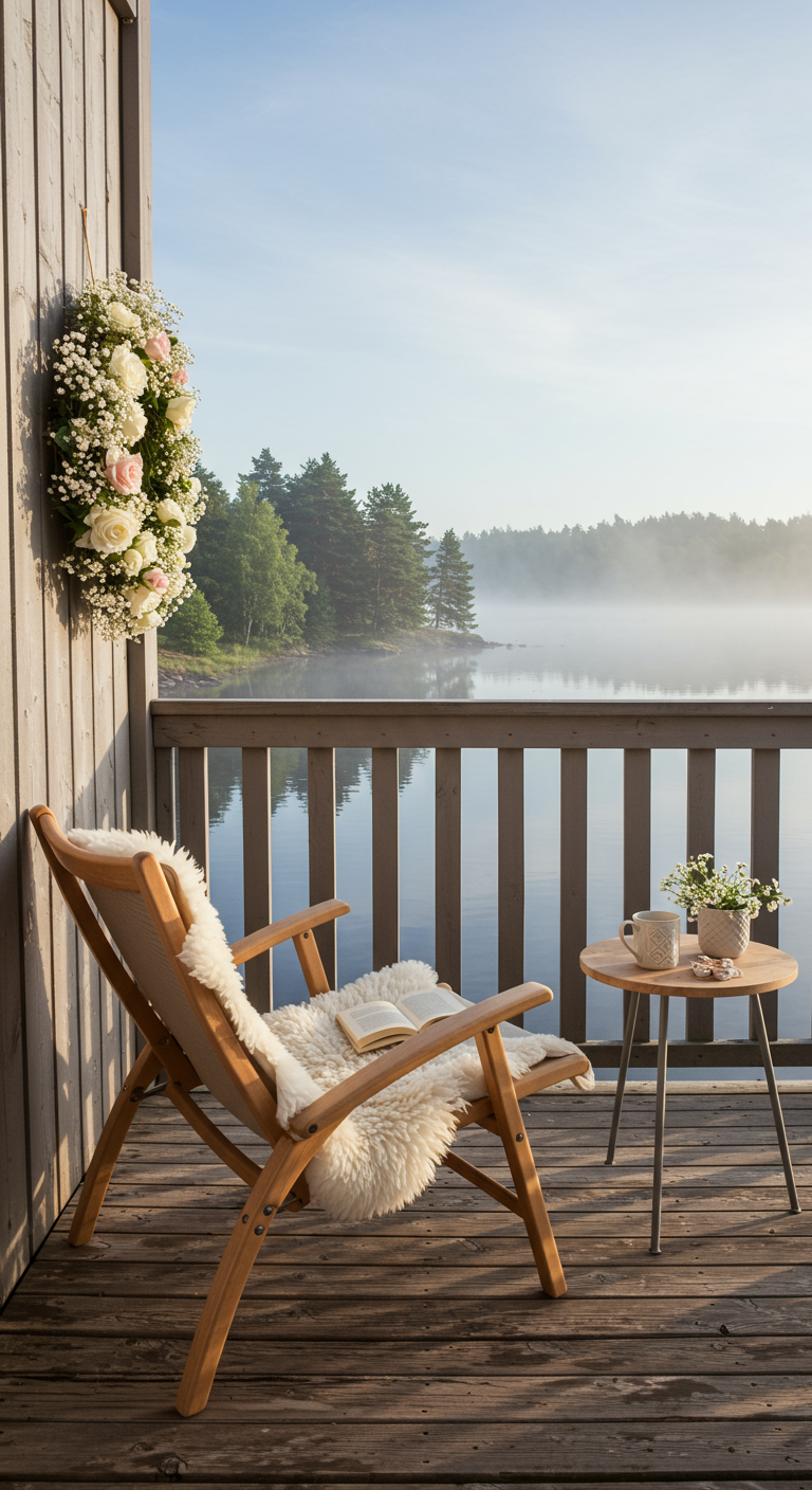 Holzsessel mit Schaffell auf Balkon mit Seeblick, Midsommar-Kranz an der Wand.