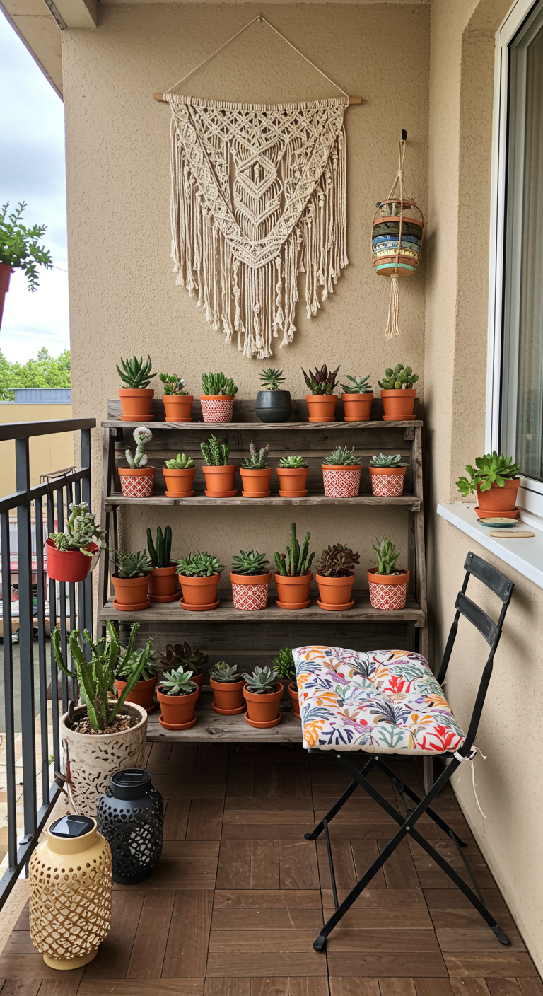 Balkon mit Holzregal voller Sukkulenten, großem Makramee-Wandbehang und Klappstuhl.