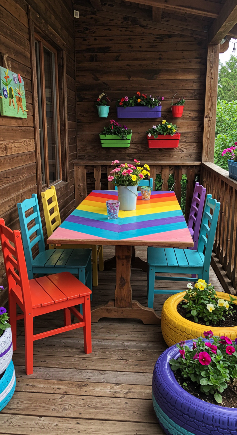 Holzbalkon mit regenbogenfarben gestrichenem Tisch, bunten Stühlen und bemalten Autoreifen als Pflanzkübel.