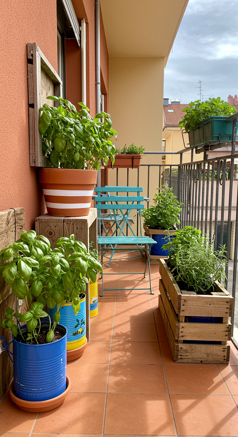 Balkon mit Kräutern in bemalten Dosen und Holzkisten, türkiser Metallstuhl.