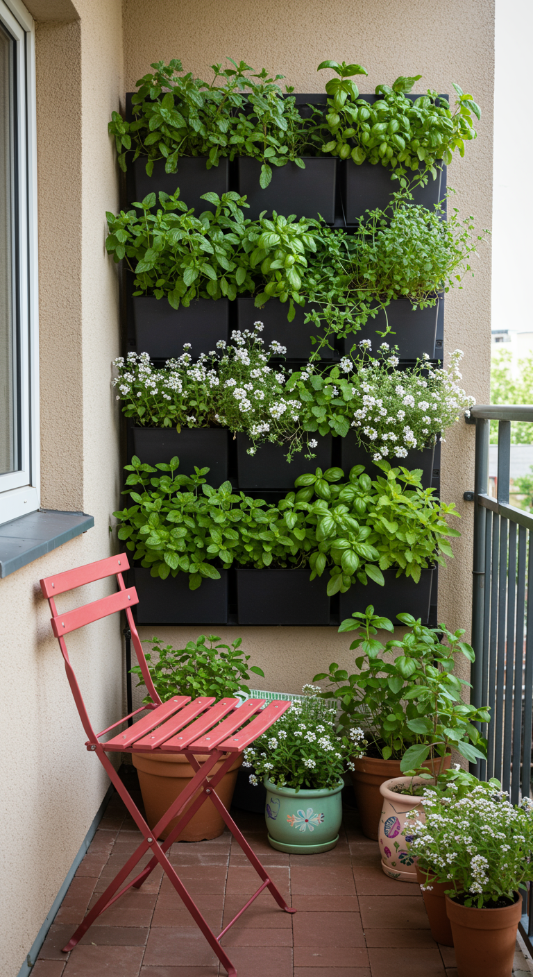 Vertikaler Kräutergarten an einer Balkonwand mit verschiedenen Kräutern.