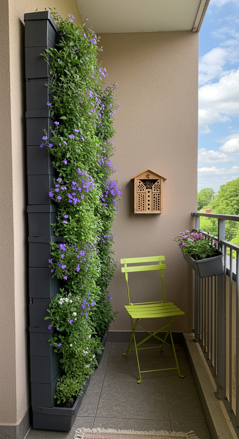 Schmaler Balkon mit hohem vertikalen Pflanzsystem voller lila und weißer Blüten.