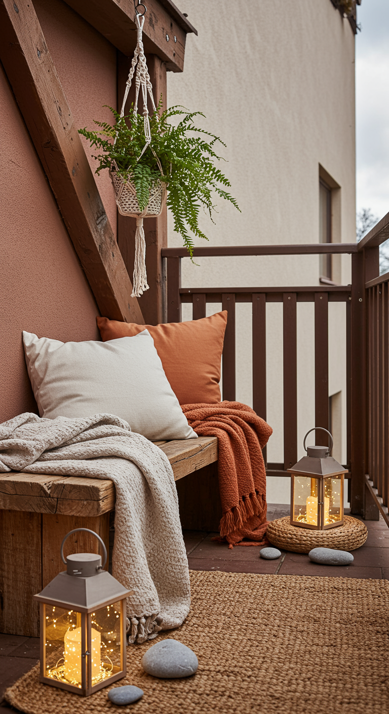 Holzbank mit Kissen in Erdtönen, Decken, Laternen und Makramee-Hängepflanze.