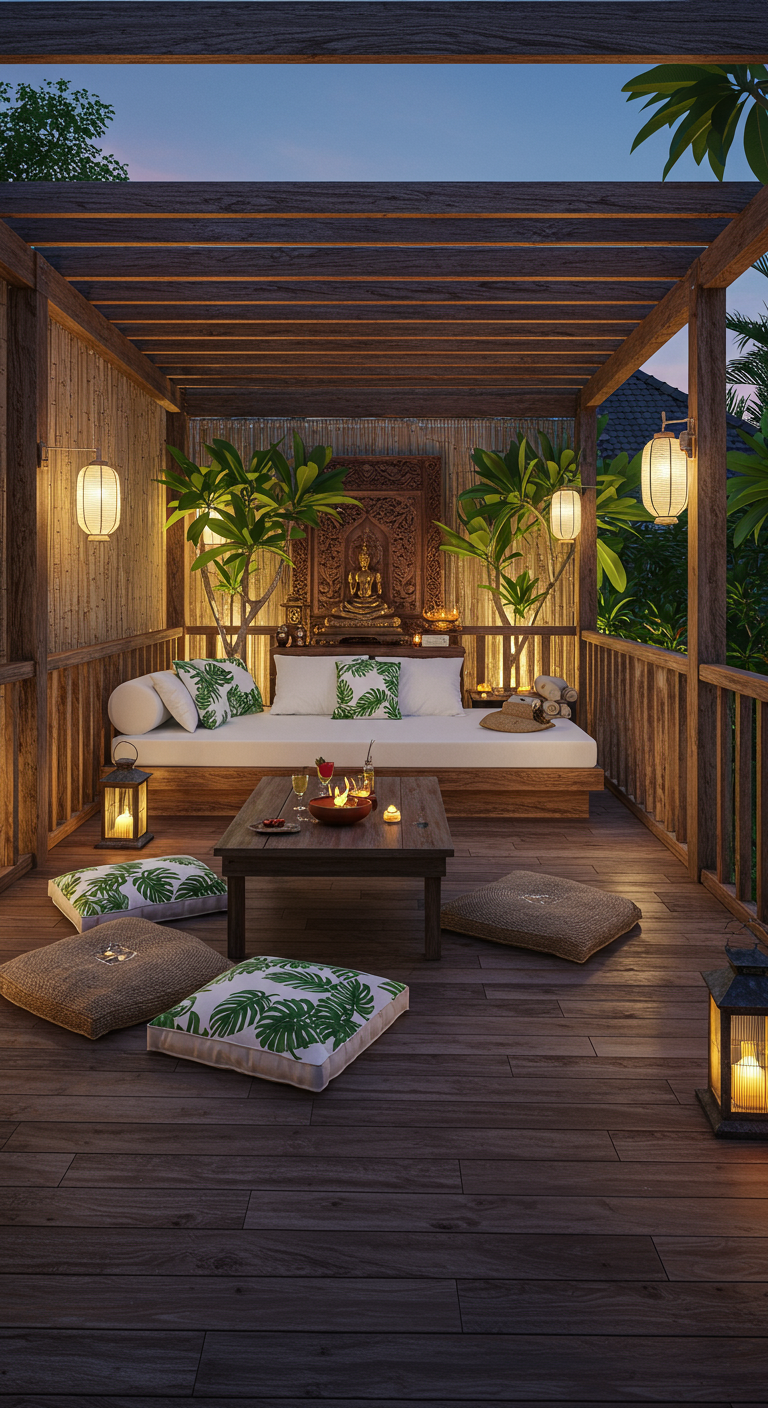 Überdachter Holzbalkon mit Daybed, Monsterakissen, Lampions und Kerzen für eine Zen-Atmosphäre.