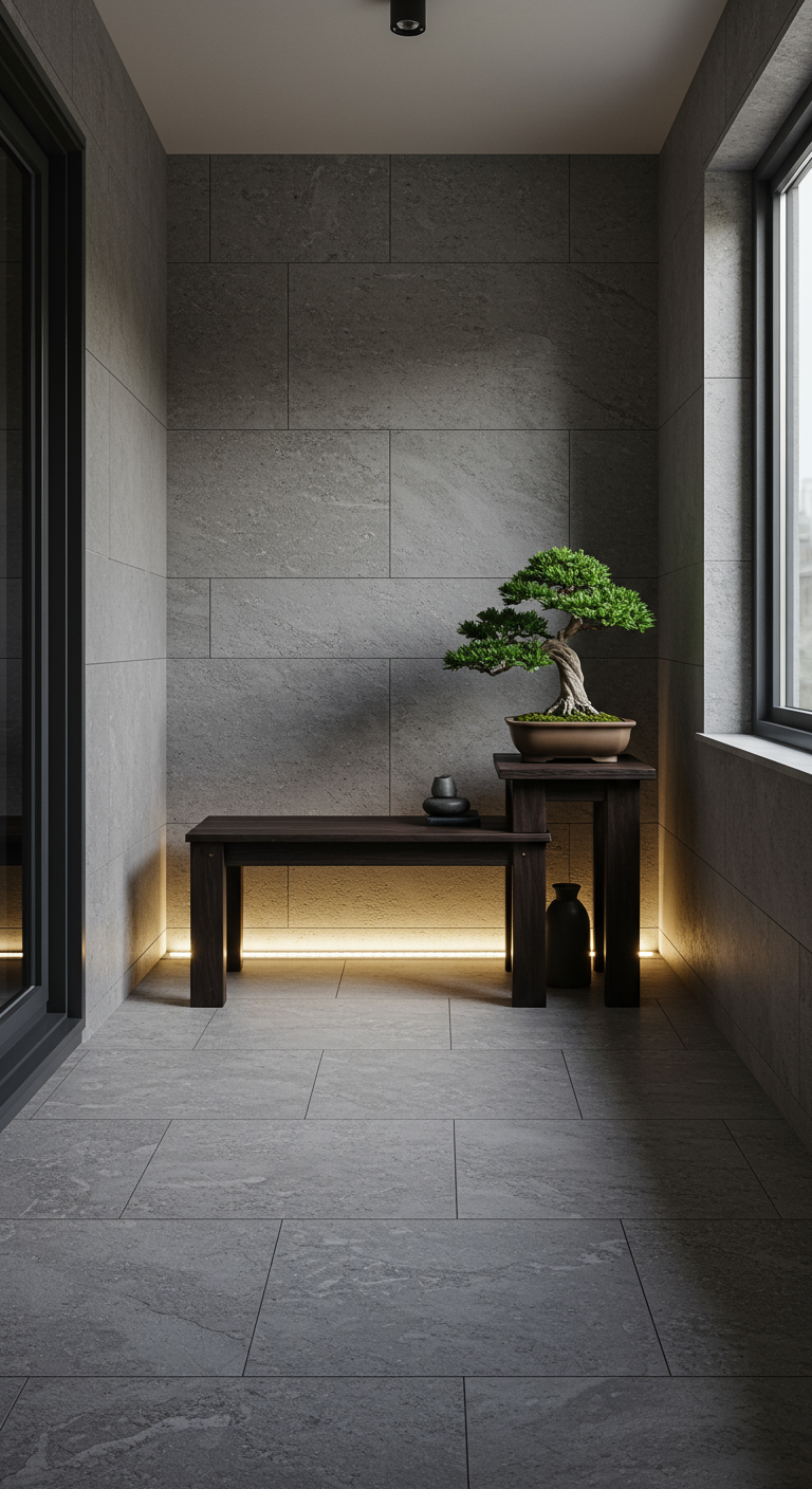 Minimalistischer Nordbalkon mit Steinplatten, dunkler Holzbank, Bonsai und LED-Lichtleiste.