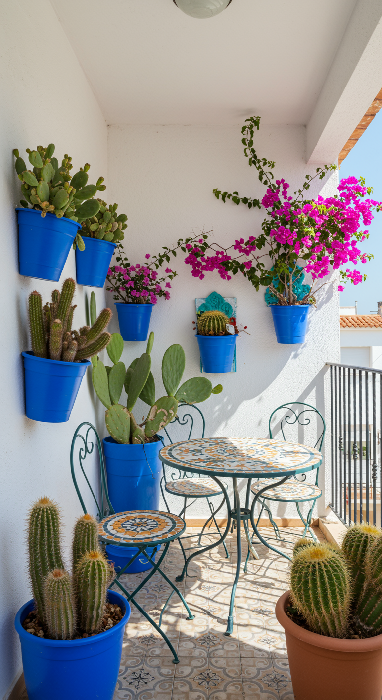 Balkon mit Kakteen und blühenden Pflanzen in blauen Töpfen und Mosaikmöbeln.