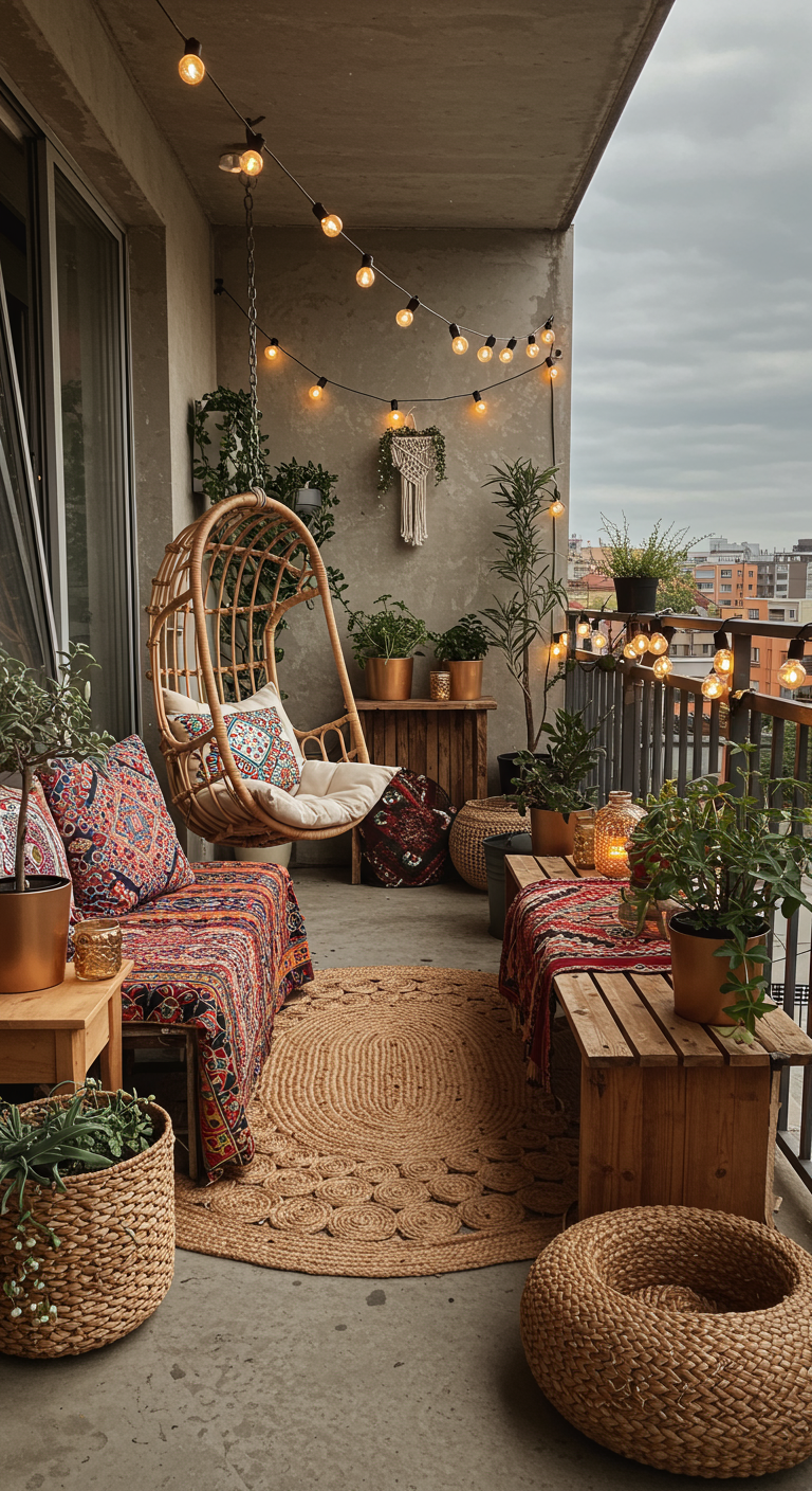 Boho-Balkon mit Hängesessel, bunten Textilien, Lichterketten und vielen Pflanzen.