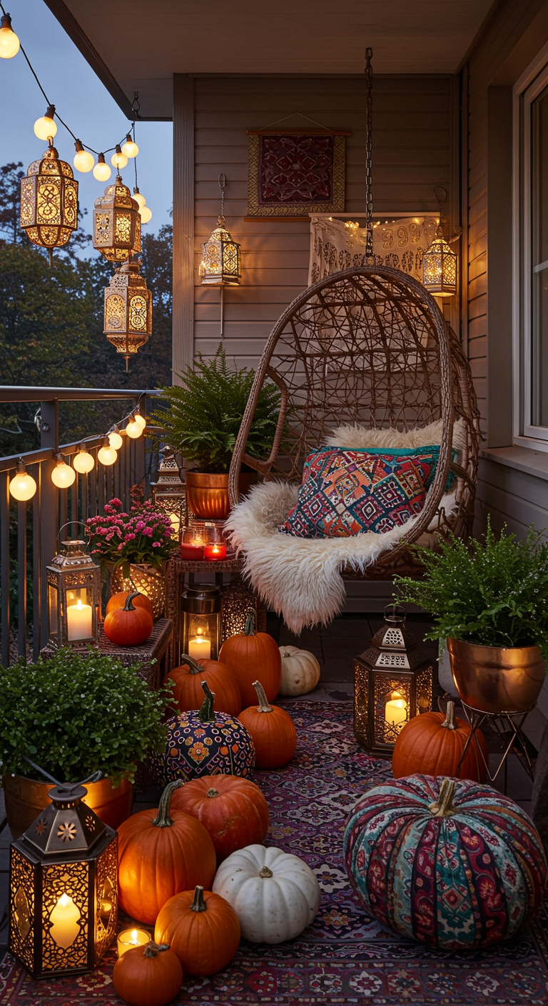 Boho-Balkon mit Hängesessel, vielen Laternen, Teppich und bunten Kürbissen.