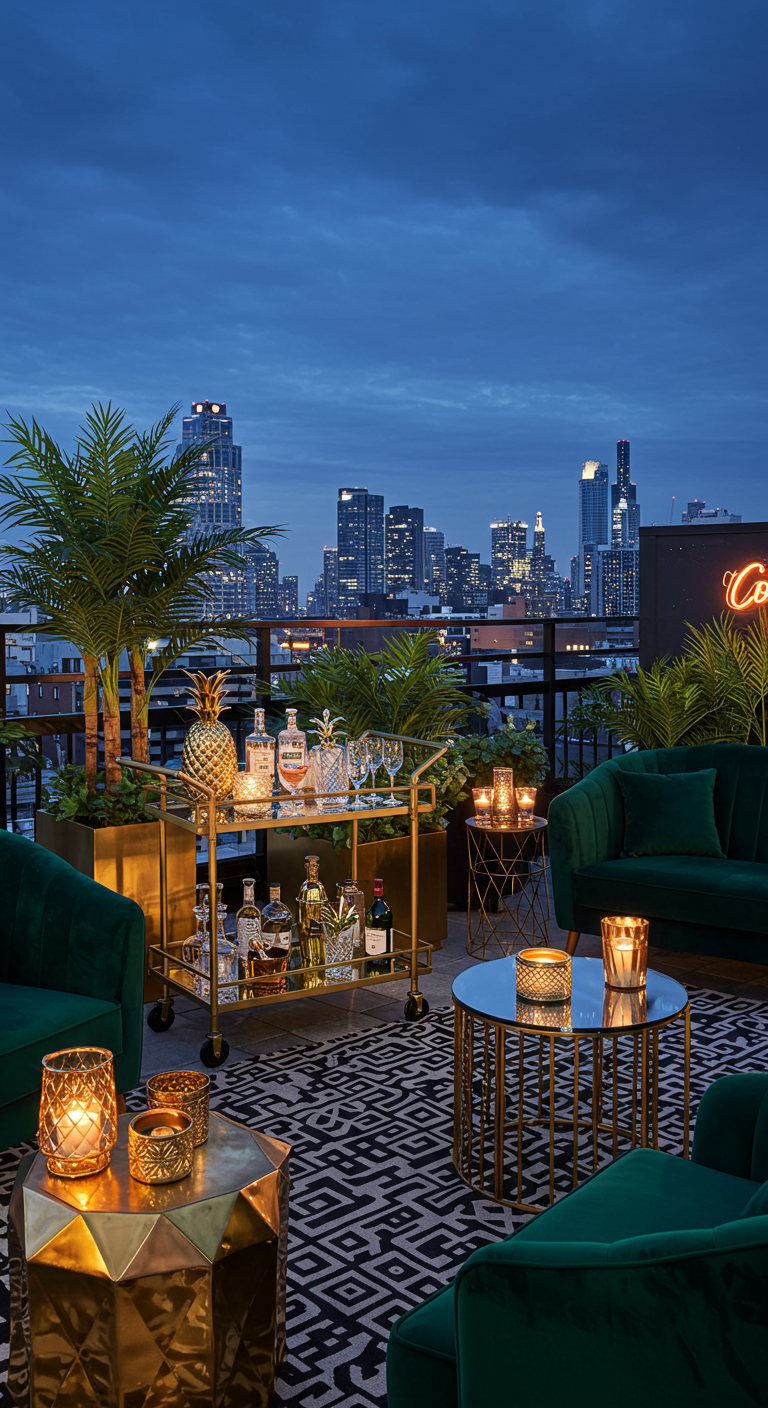 Dachterrassen-Bar mit goldenem Servierwagen, grünen Samtsesseln und Blick auf die Skyline bei Nacht.