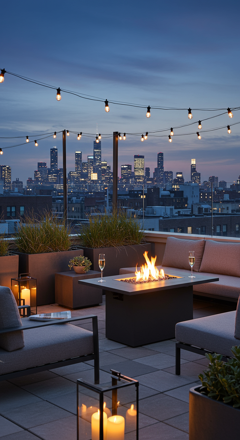 Dachterrasse mit Feuertisch, modernen Loungemöbeln und Blick auf die Skyline bei Nacht.