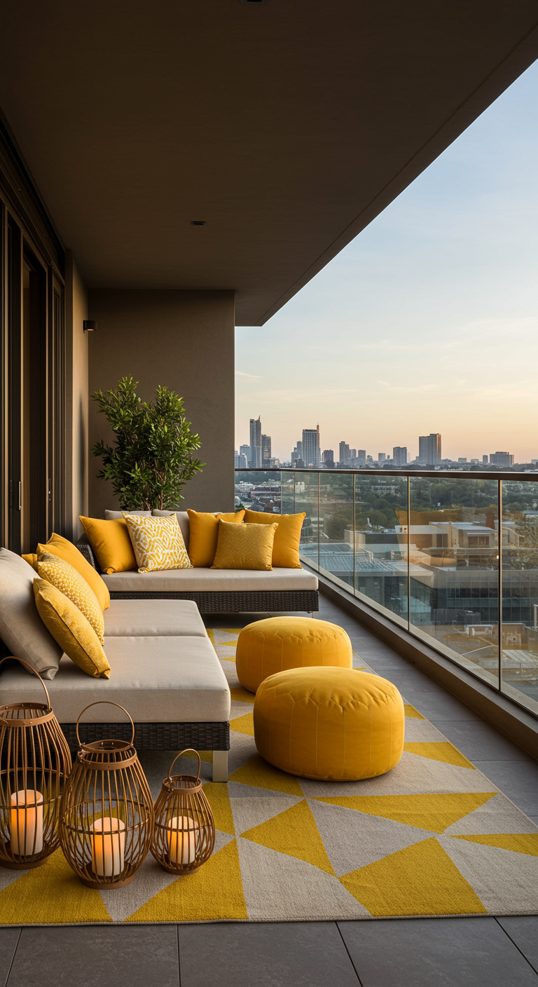 Moderne Dachterrassen-Lounge mit gelben Kissen, Poufs und Teppich.