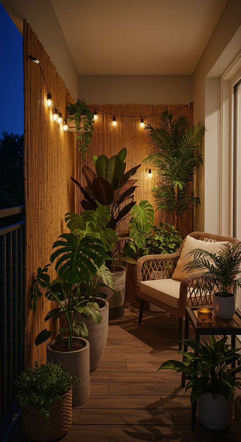 Stimmungsvoll beleuchteter Balkon bei Nacht mit großen Topfpflanzen, Bambuswand und Korbsessel.