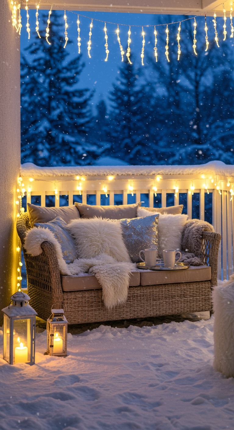 Verschneiter Balkon mit Rattansofa, weißen und silbernen Kissen, Decken und Laternen.