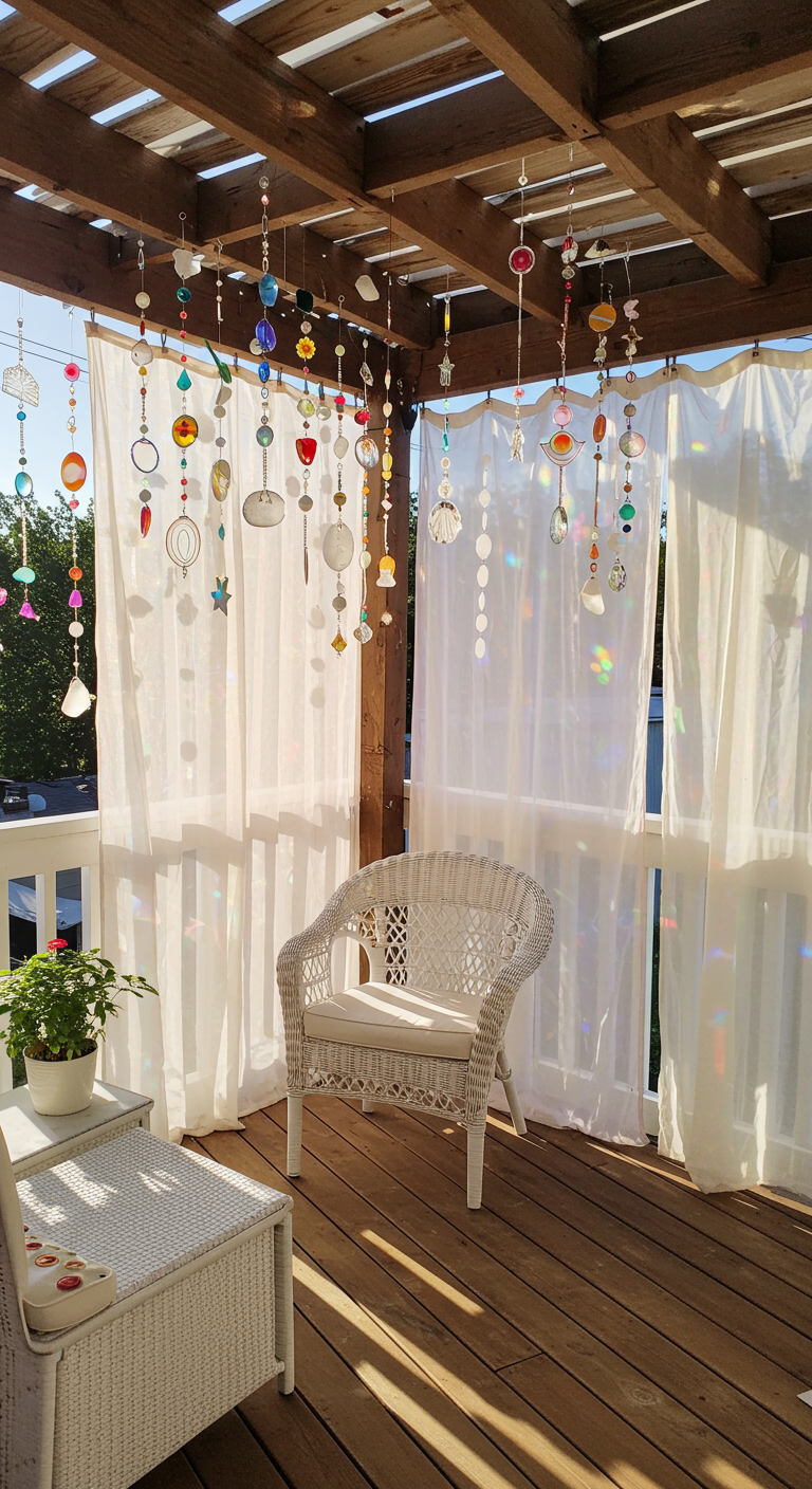 Balkon mit weißen Vorhängen und vielen bunten, hängenden Glas- und Perlenmobiles, die im Licht funkeln.