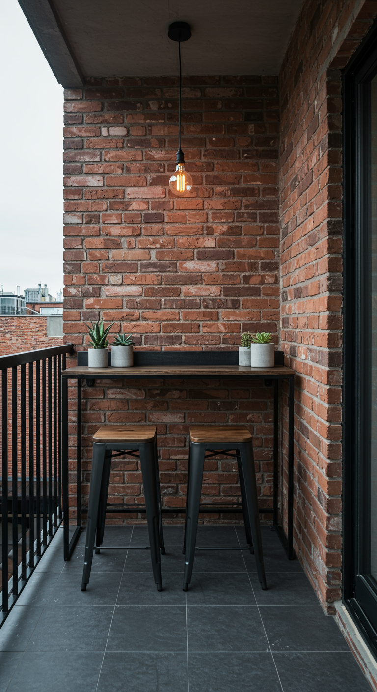 Schmaler Balkon mit Bartisch, Hockern vor Backsteinwand und Industrie-Glühbirne.