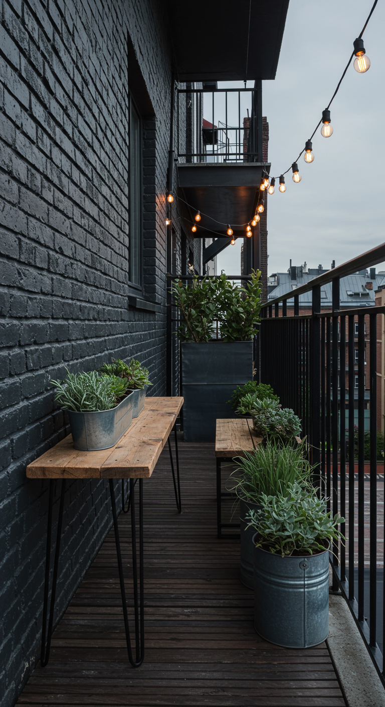 Schmaler Balkon im Industrial Style mit dunkler Backsteinwand, Holztischen und Zinktöpfen.