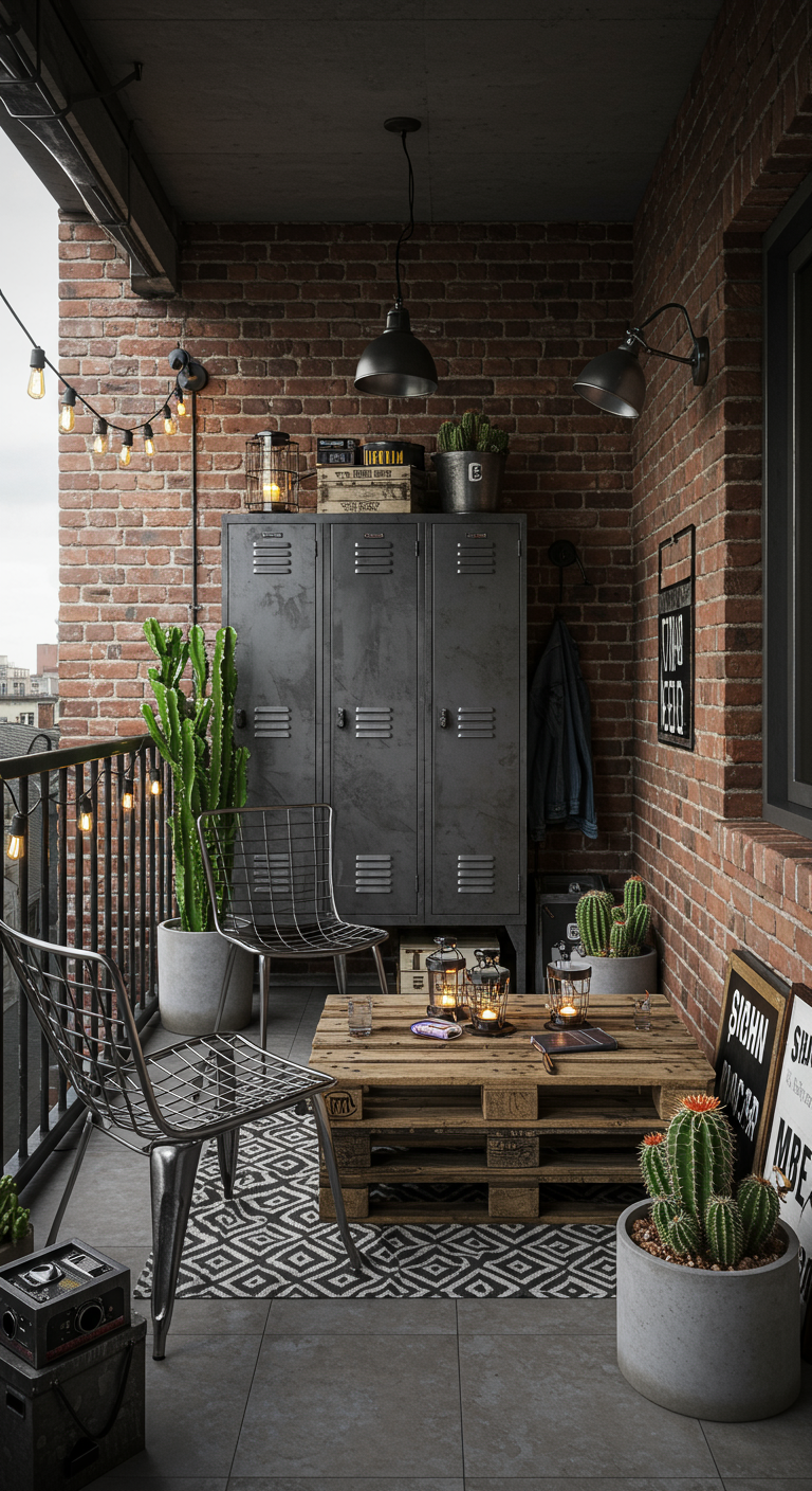 Balkon im Industrial-Stil mit einem grauen Metallspind als Stauraum und Deko-Element.