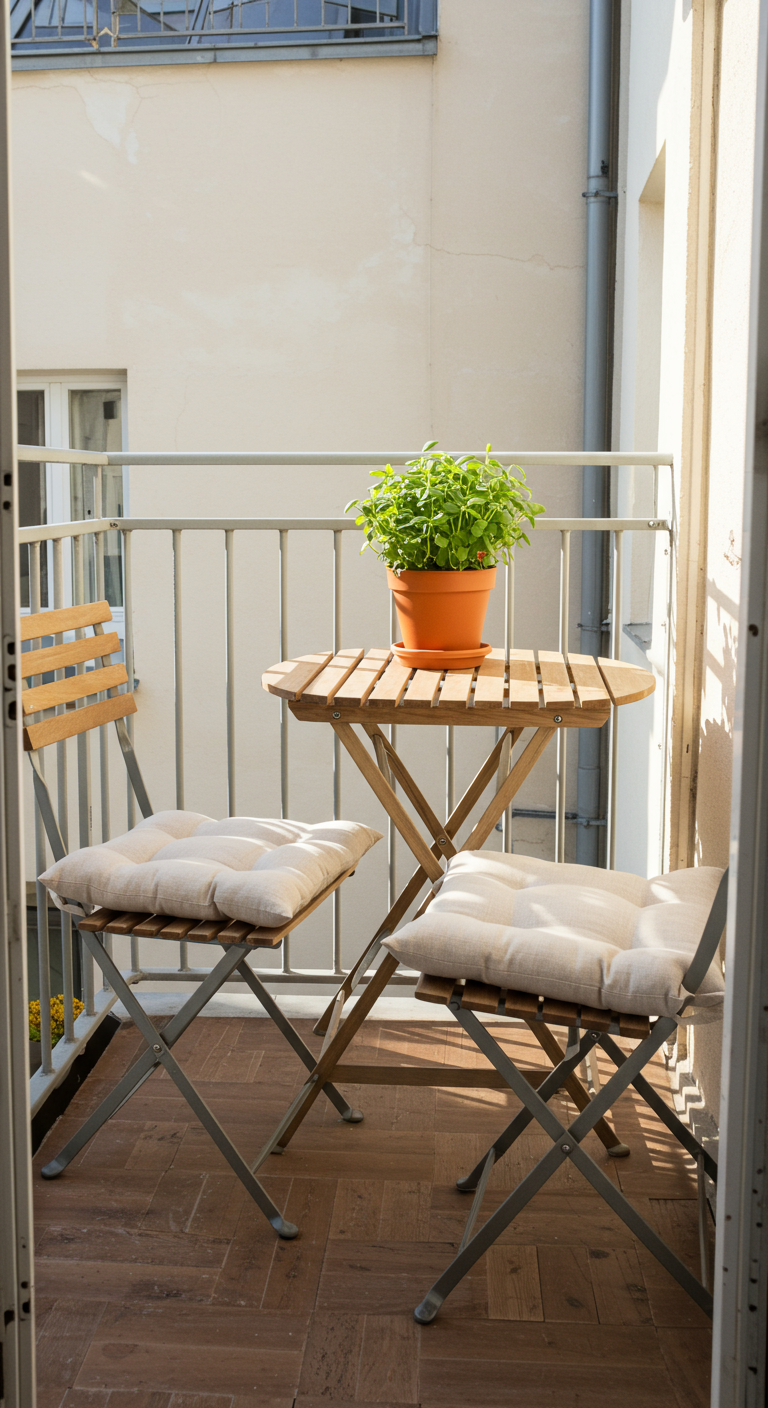Kleiner Holztisch mit zwei Klappstühlen und Topfpflanze auf sonnigem Balkon.