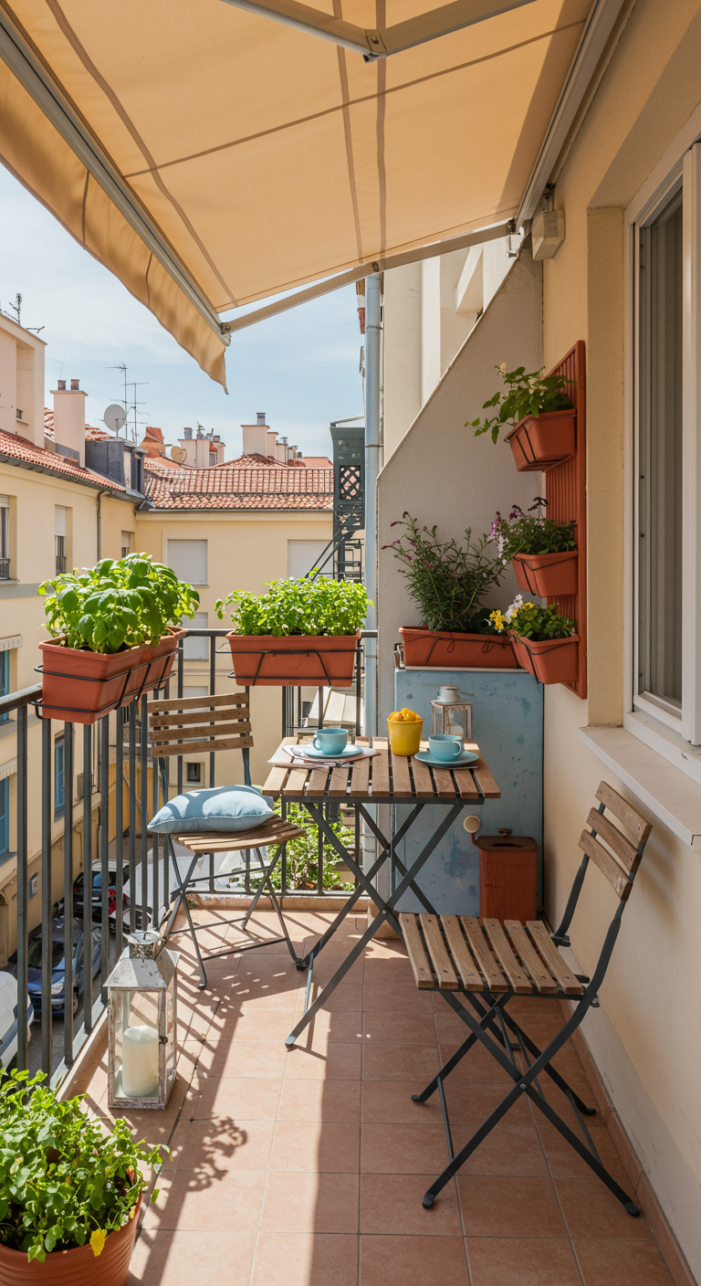 Kleiner Stadtbalkon mit beiger Markise, Klapptisch und -stühlen sowie Kräutern in Balkonkästen.
