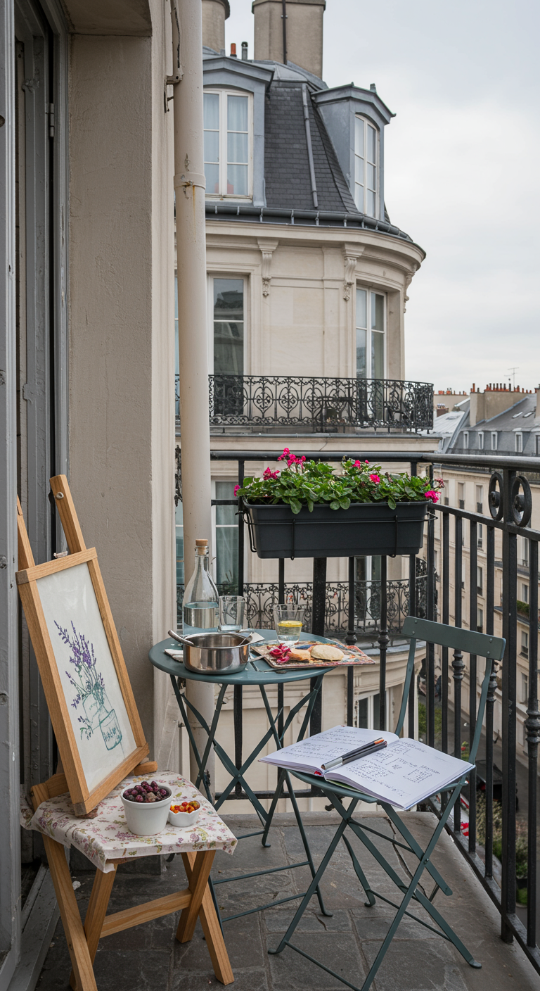 Balkon mit Bistro-Set, Staffelei mit Lavendelbild und Zeichenutensilien.