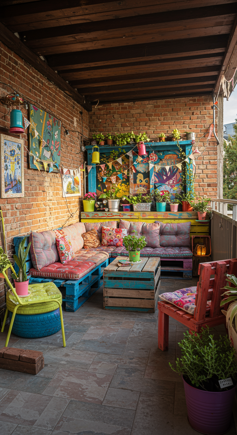 Farbenfroher Balkon mit DIY-Palettenmöbeln, bunten Kissen und kreativer Wanddeko.