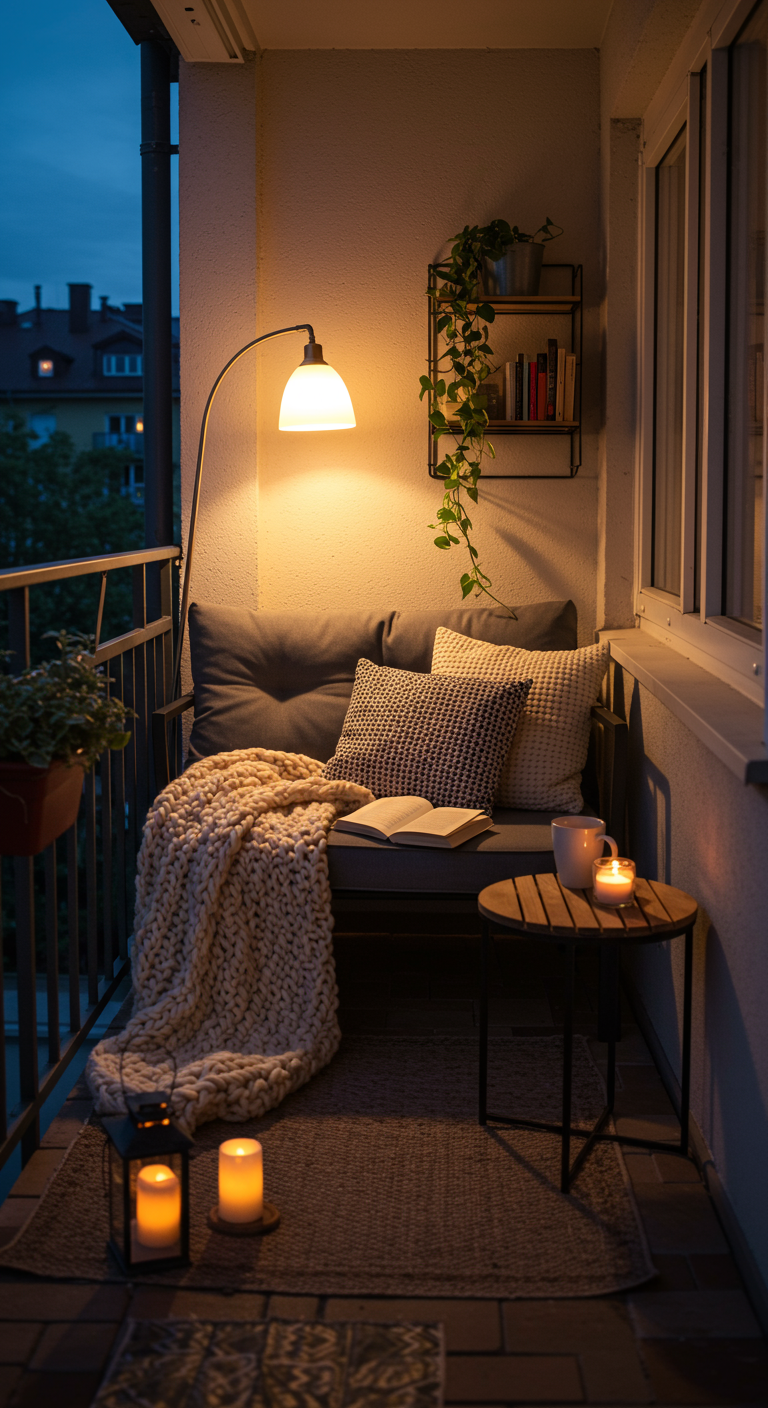 Gemütliche Leseecke auf kleinem Balkon mit Sofa, Decke, Lampe und Kerzen.