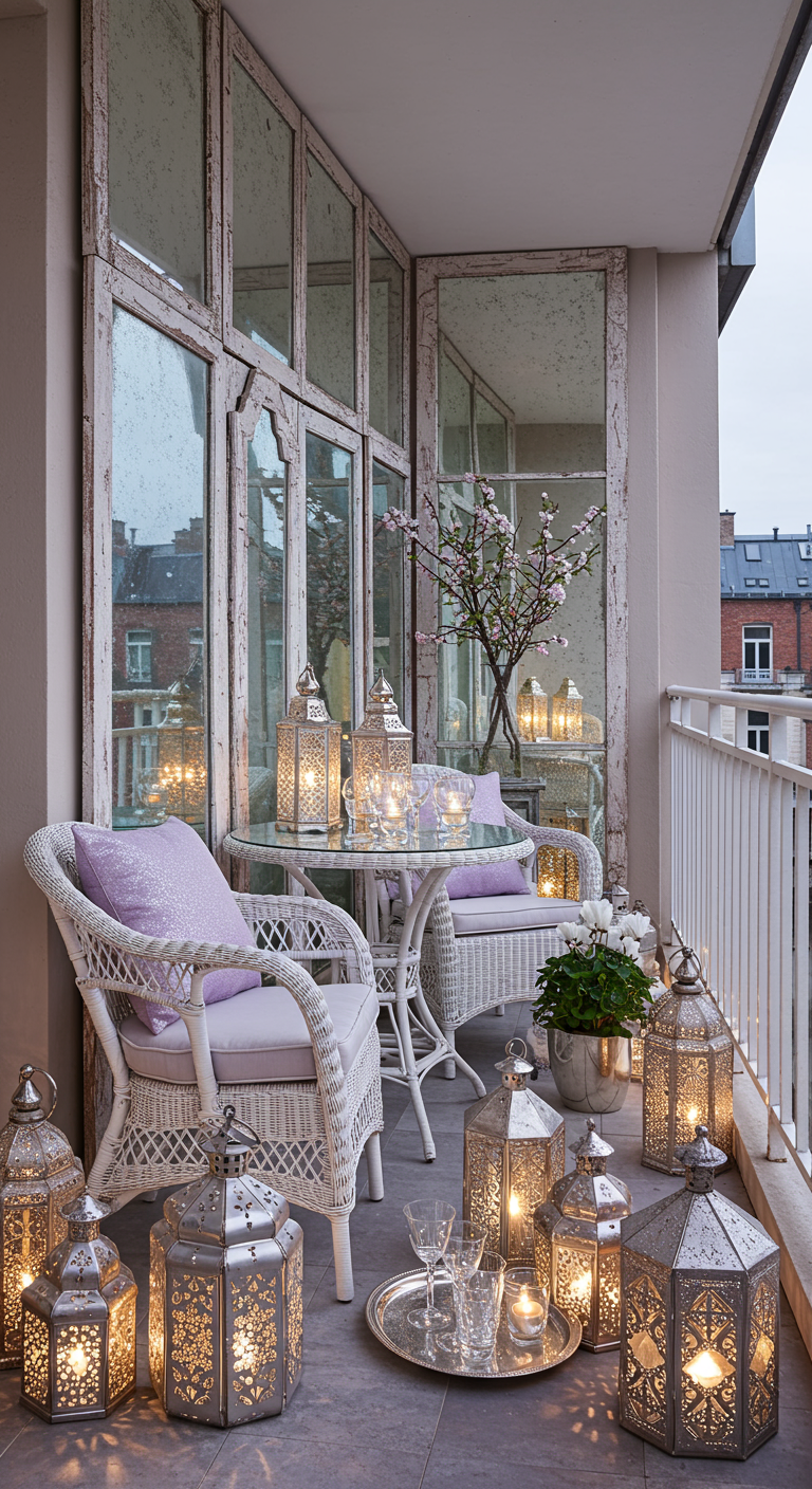 Romantischer Nordbalkon mit vielen Laternen, Spiegeln und weißen Korbmöbeln.