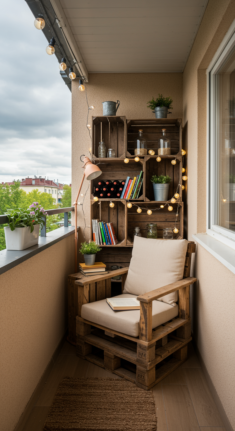 DIY-Palettensessel mit beigem Polster neben Weinkisten-Bücherregal und Lichterkette.