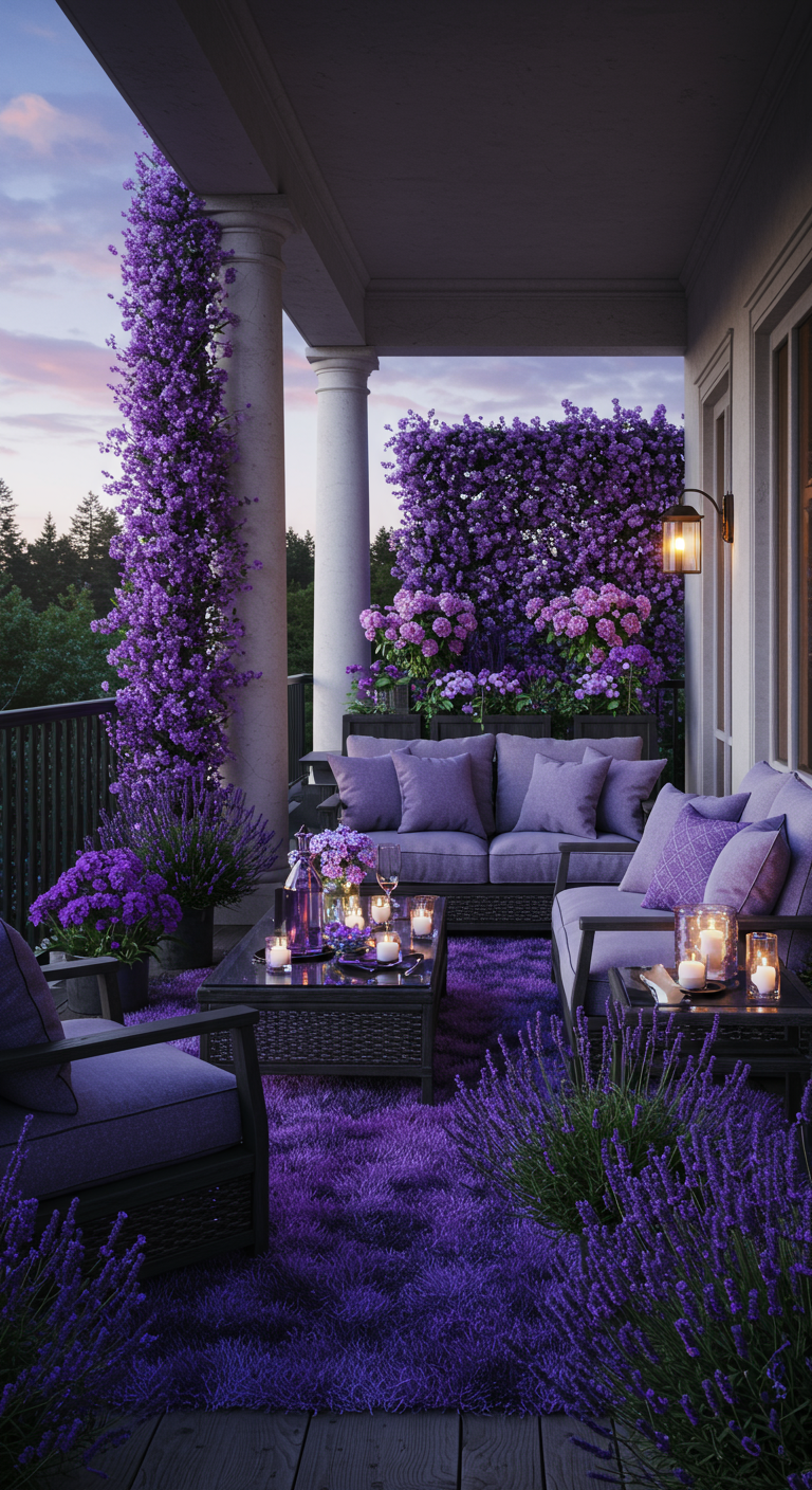 Balkon bei Dämmerung, komplett in Lila-Tönen gehalten, mit Lavendel und lila Blüten.