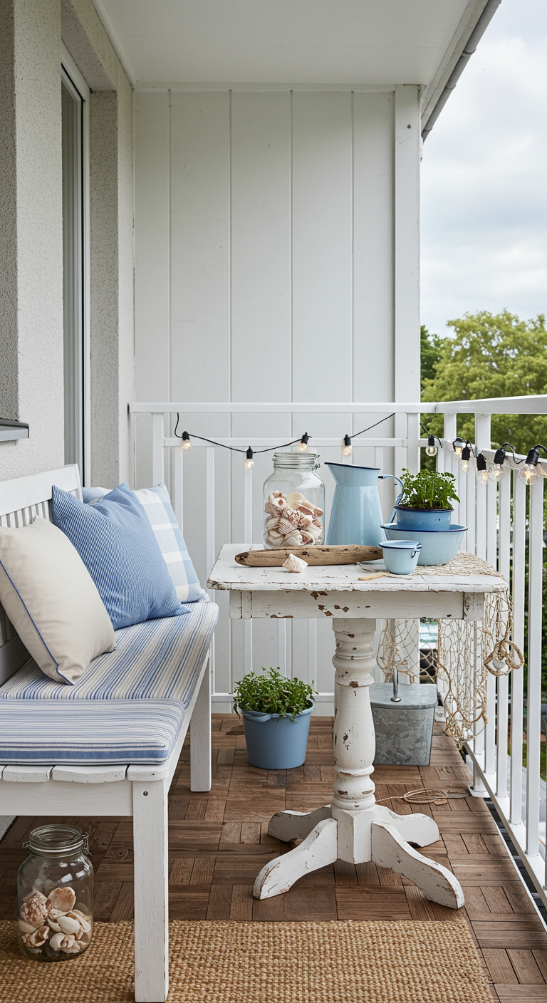 Balkon in Blau-Weiß mit Holzbank, Shabby-Tisch und maritimer Deko