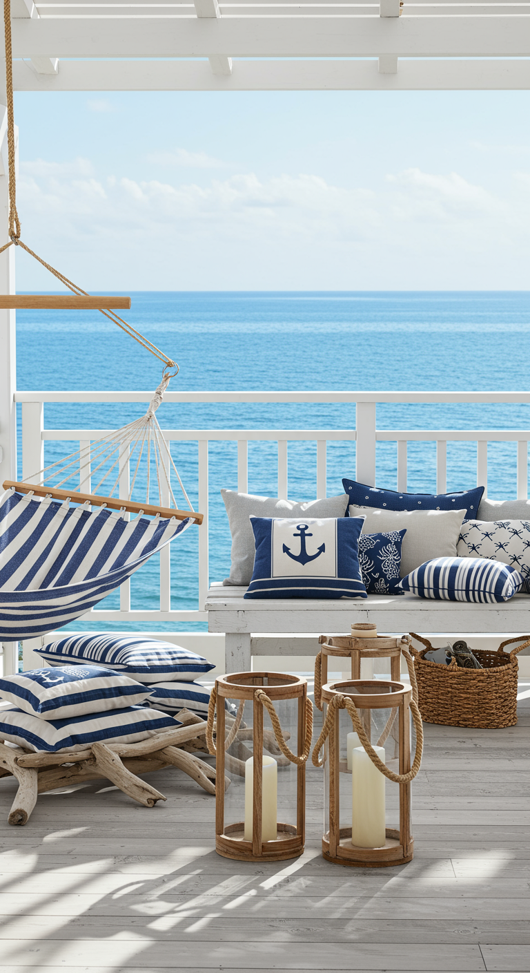 Maritim gestalteter Balkon mit blau-weiß gestreiftem Hängesessel und Holzlaternen.