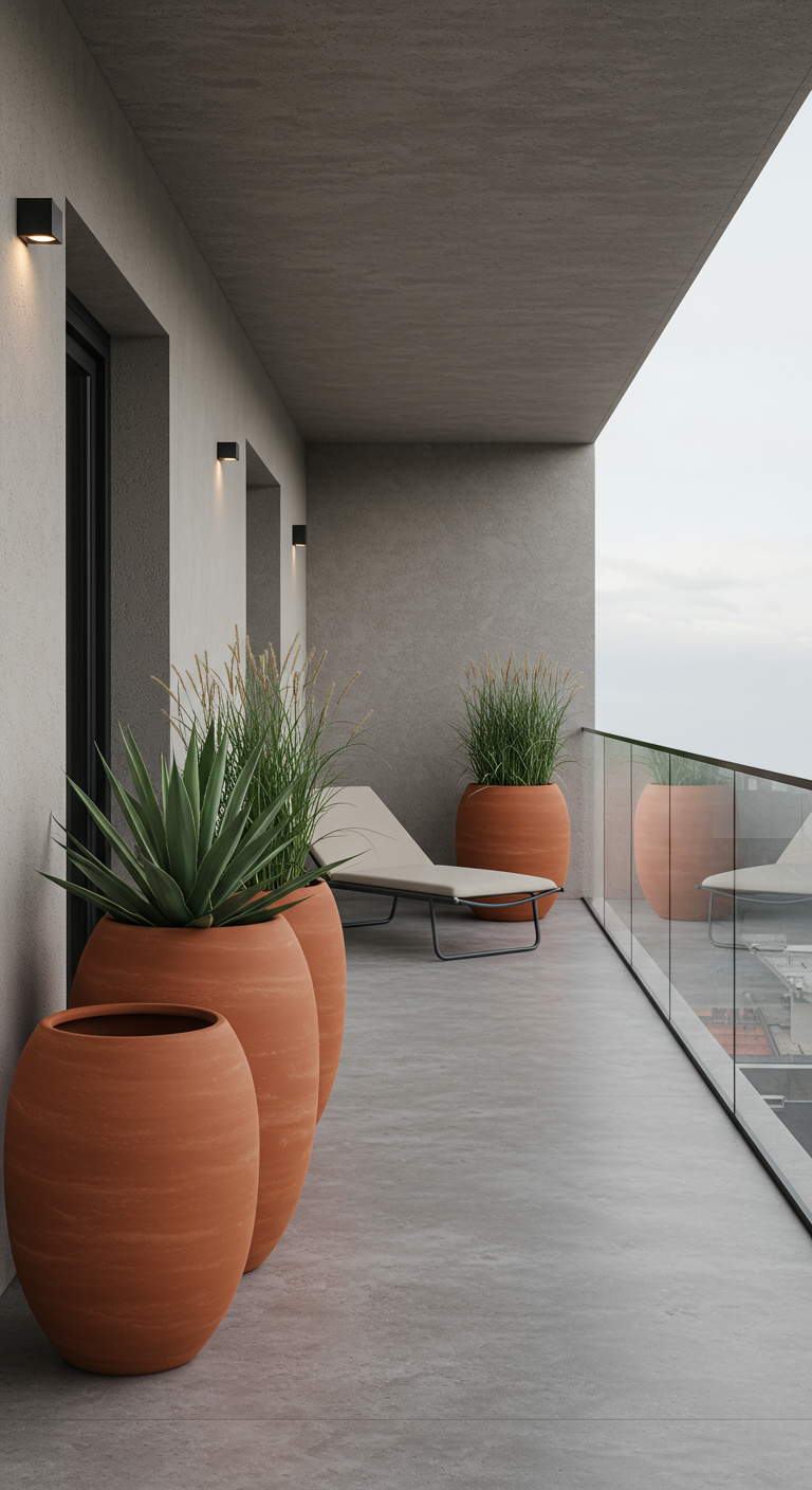 Moderner Betonbalkon mit großen runden Terrakotta-Kübeln und Liegestuhl.