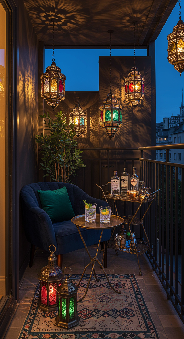 Kleiner Balkon mit orientalischen Laternen, Samtsessel und gemustertem Teppich.