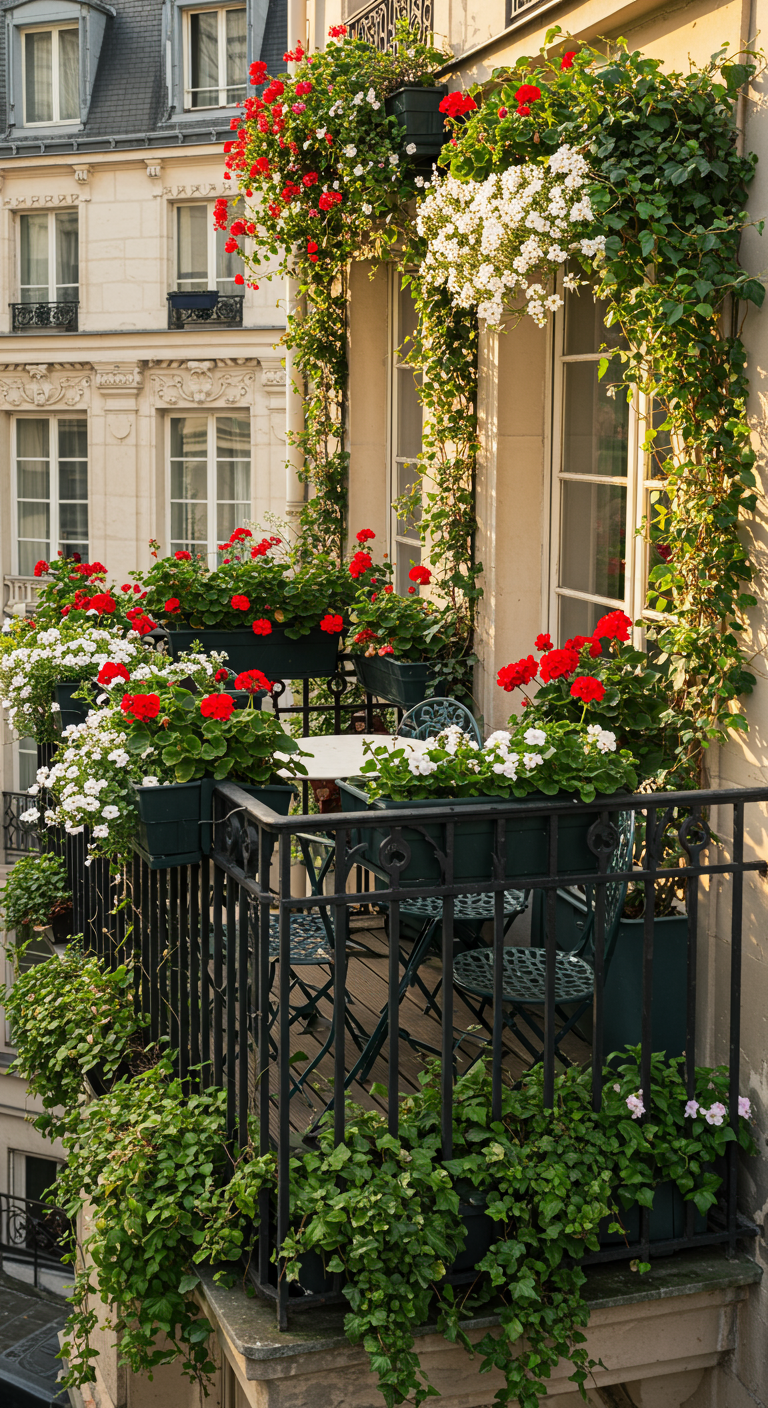 Klassischer Pariser Balkon mit roten und weißen Geranien in Blumenkästen.