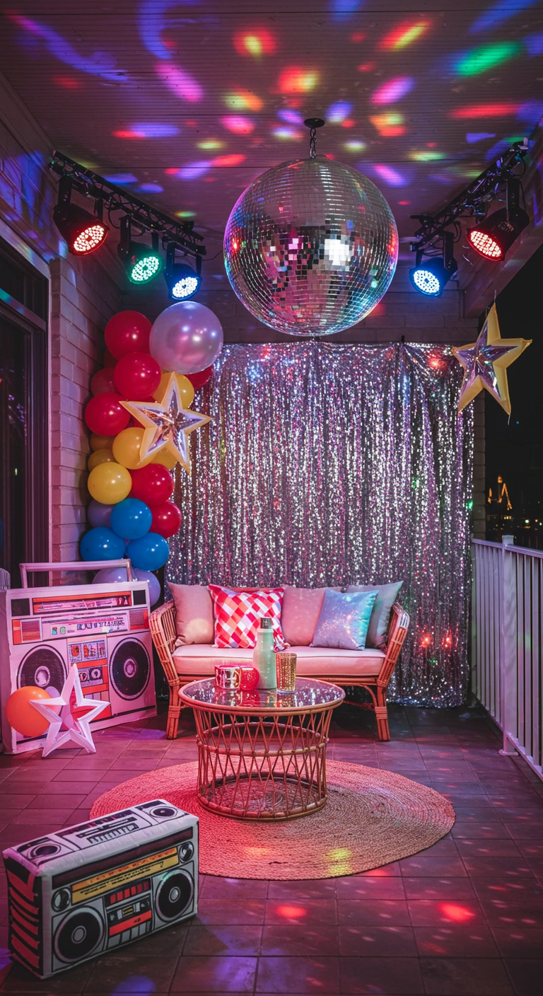 Balkon im 80er-Jahre-Stil mit Discokugel, bunten Lichtern und Boombox.