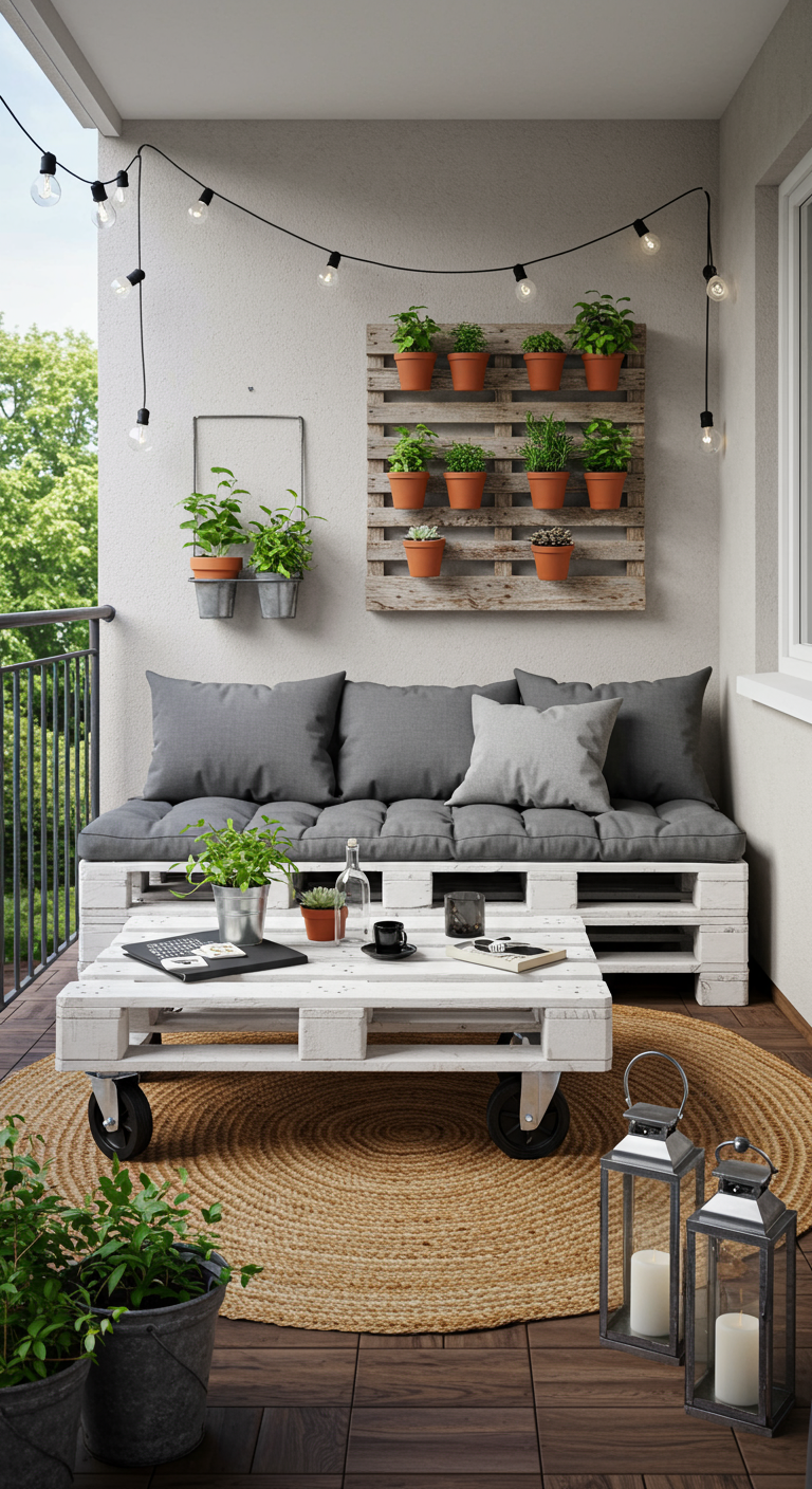 Balkon mit weißem Palettensofa, Palettentisch auf Rollen und vertikal bepflanzter Palette an der Wand.