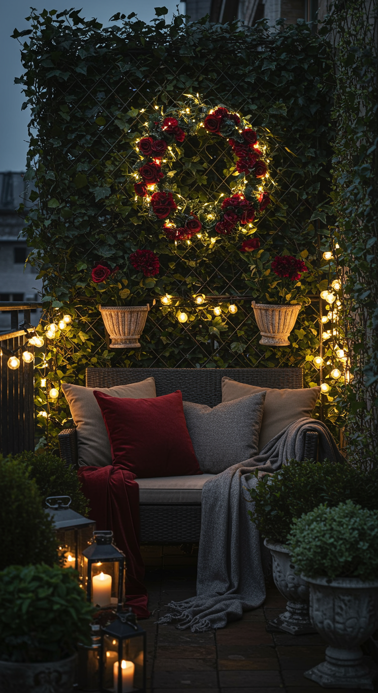 Abends beleuchteter Balkon mit Efeuwand, Rosenkranz mit Lichtern, Sofa.