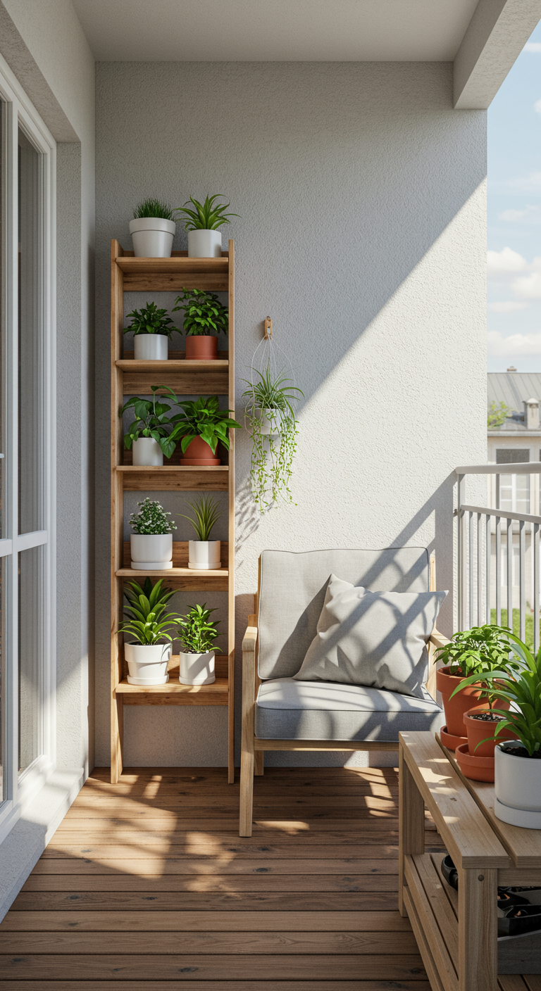 Schmales Holzregal mit Zimmerpflanzen neben einem Sessel auf einem sonnigen Balkon.