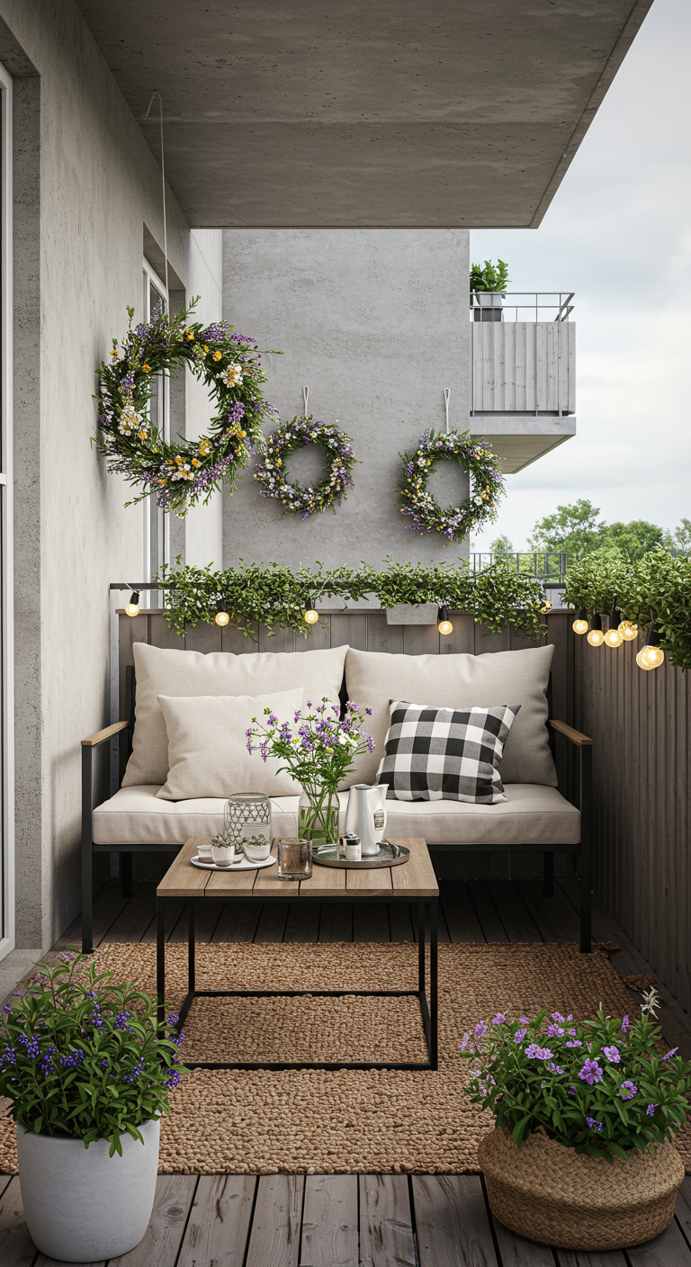 Moderner Balkon mit Betonwand, Bank, Jute-Teppich und drei hängenden Midsommar-Kränzen.