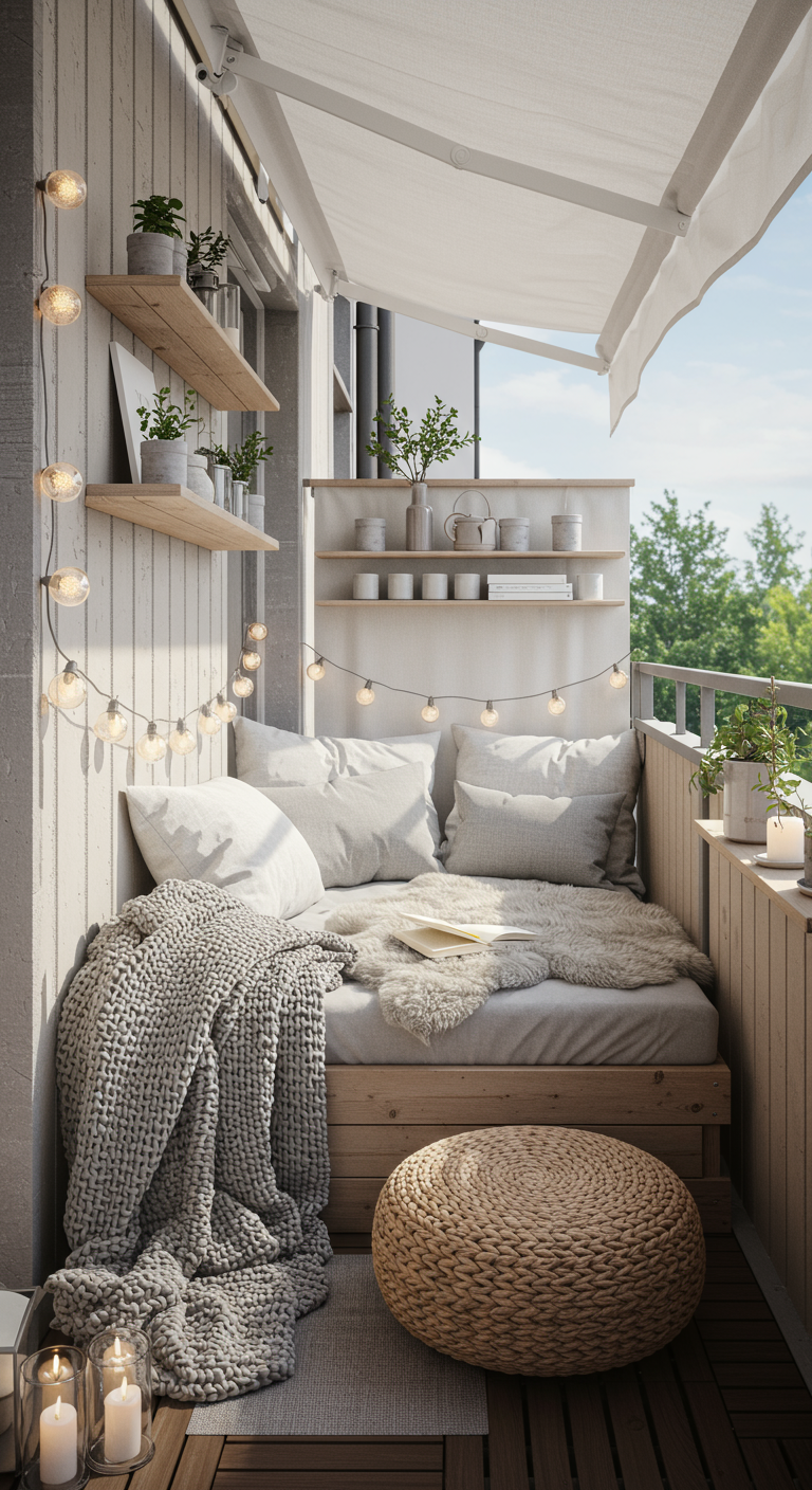 Helle, gemütliche Balkon-Leseecke mit Holzbank, vielen Kissen, Lichterkette und Regalen.