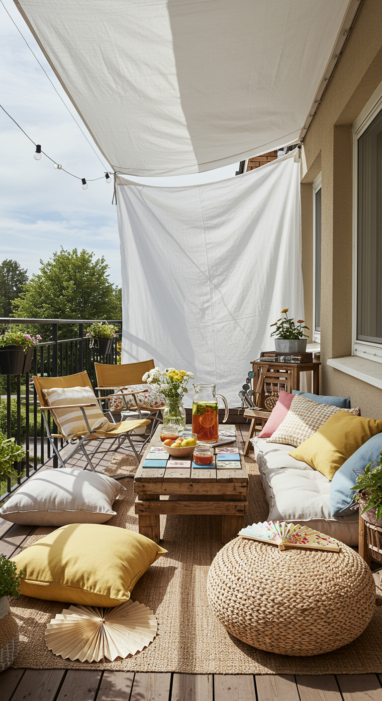 Heller Balkon mit weißem Sonnensegel, Palettenmöbeln, gelben Kissen und Papierfächern.