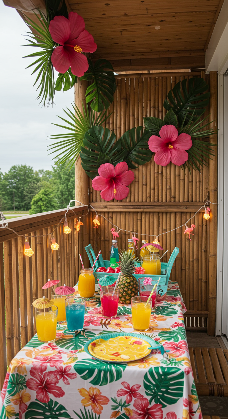 Balkon mit tropischer Mottoparty-Dekoration, Bambuswand, Hibiskusblüten und bunten Getränken.