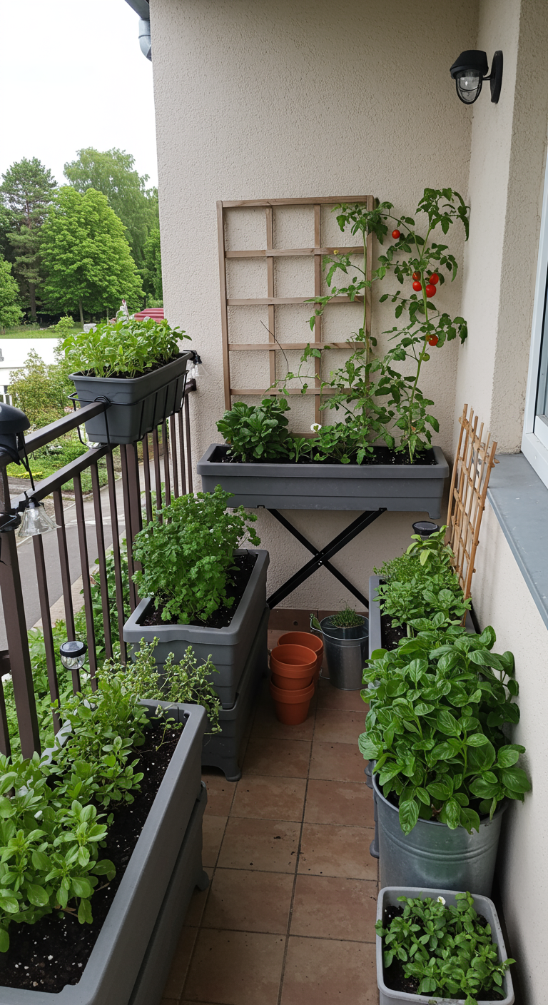 Balkon mit diversen Pflanzkübeln für Kräuter und Gemüse, inklusive Tomaten an Rankhilfe.