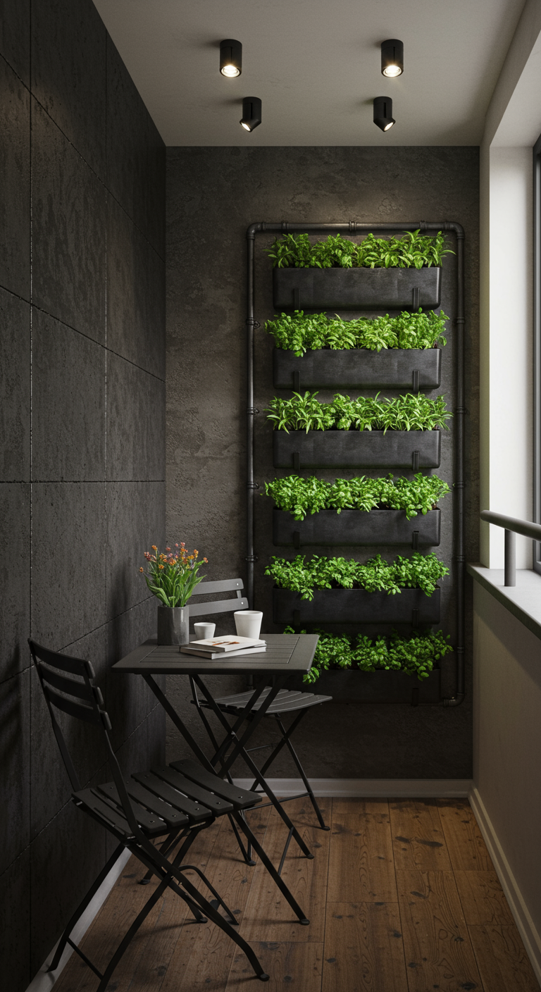 Schmaler Balkon mit vertikalem Kräutergarten an einer dunklen Wand, davor Klapptisch.