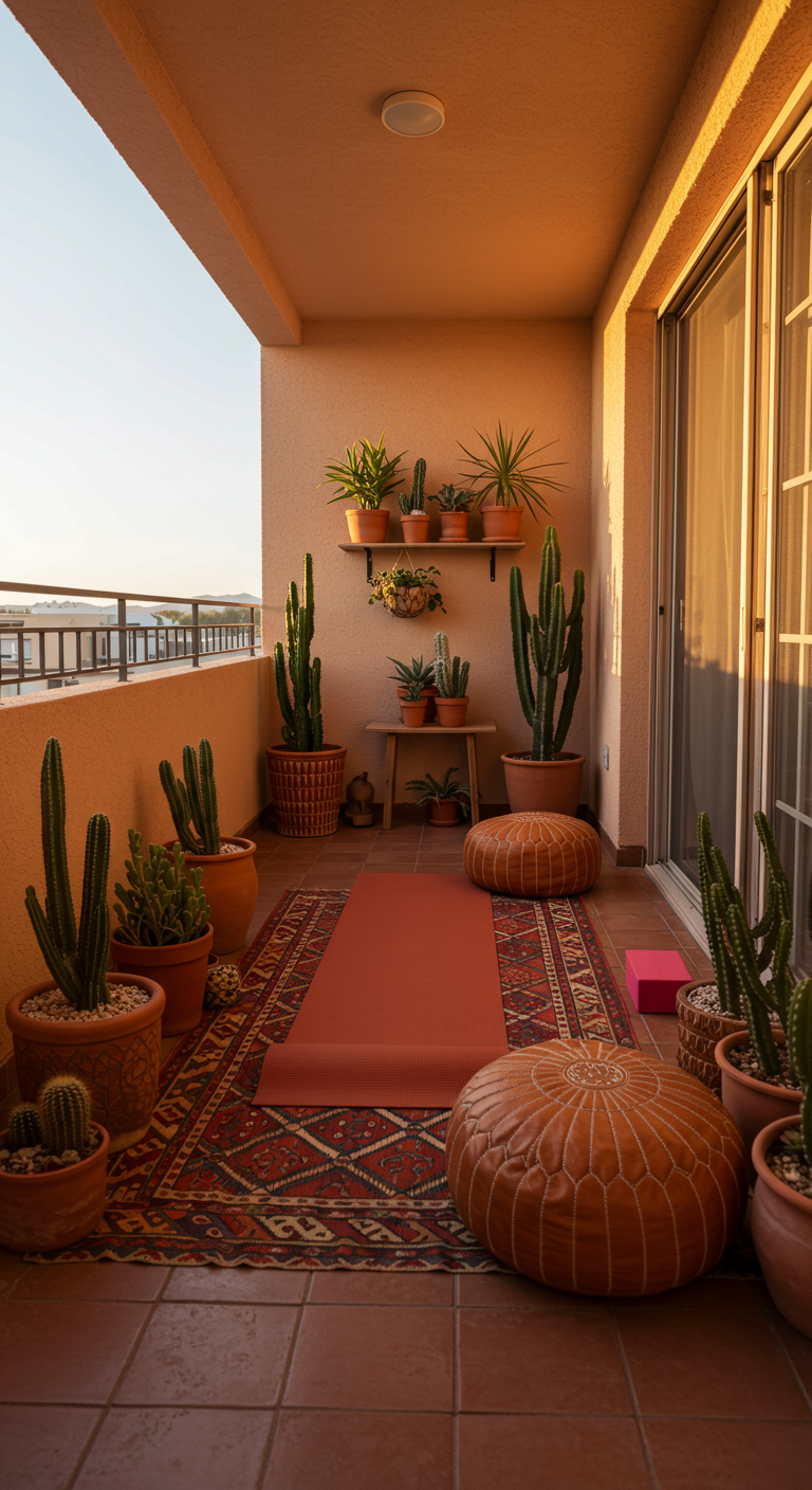 Yoga-Balkon mit Kakteen in Terrakottatöpfen, Kelim-Teppich und Lederpouf.
