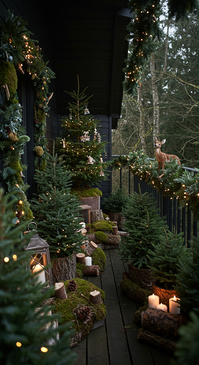 Balkon dekoriert wie ein Winterwald mit vielen kleinen Tannen, Moos und Lichtern.