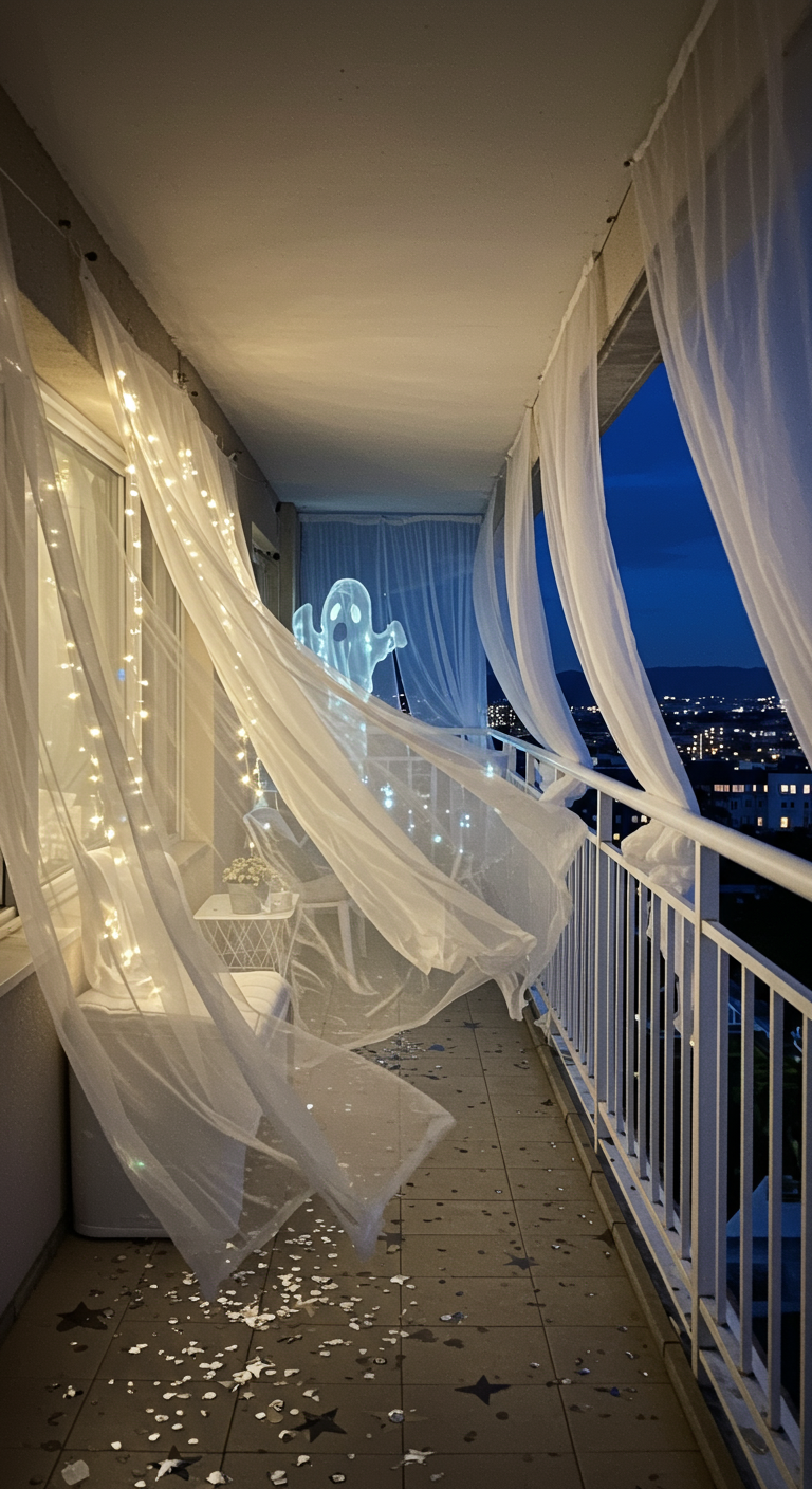 Balkon mit wehenden weißen Stoffbahnen, einer leuchtenden Geisterfigur und Sternenkonfetti.